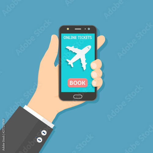 Flight tickets online booking from smartphone, flat style illustration