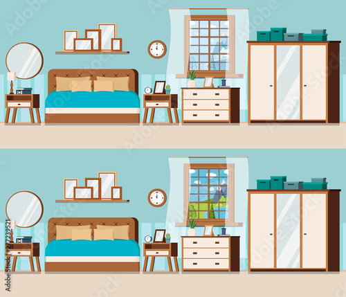 Bedroom set with furniture and window view of winter and summer lake landscape.