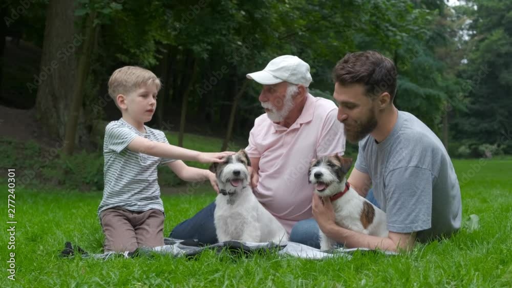 Multigenerational family walking with dog. Dad granddad and son with ...