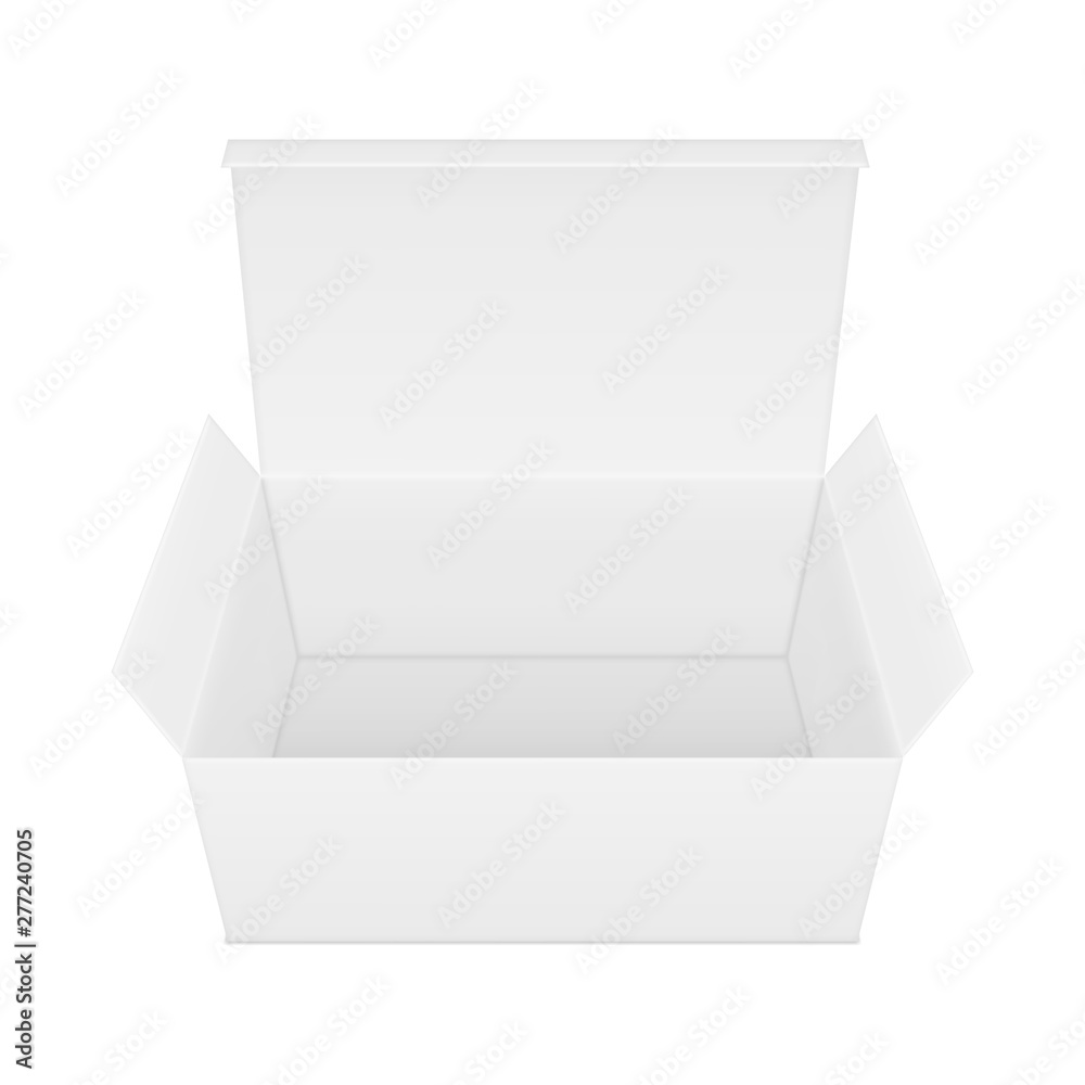 Vector realistic image (mock-up, layout) of blank open rectangular paper box. Isolated on white. The image was created using gradient mesh. Vector EPS 10. Vector realistic image (mock-up, layout) of blank open rectangular paper box. Isolated on white. The image was created using gradient mesh. Vector EPS 10.