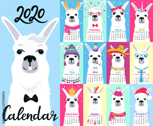 Calendar for 2020 from Sunday to Saturday. Cute llama in differe