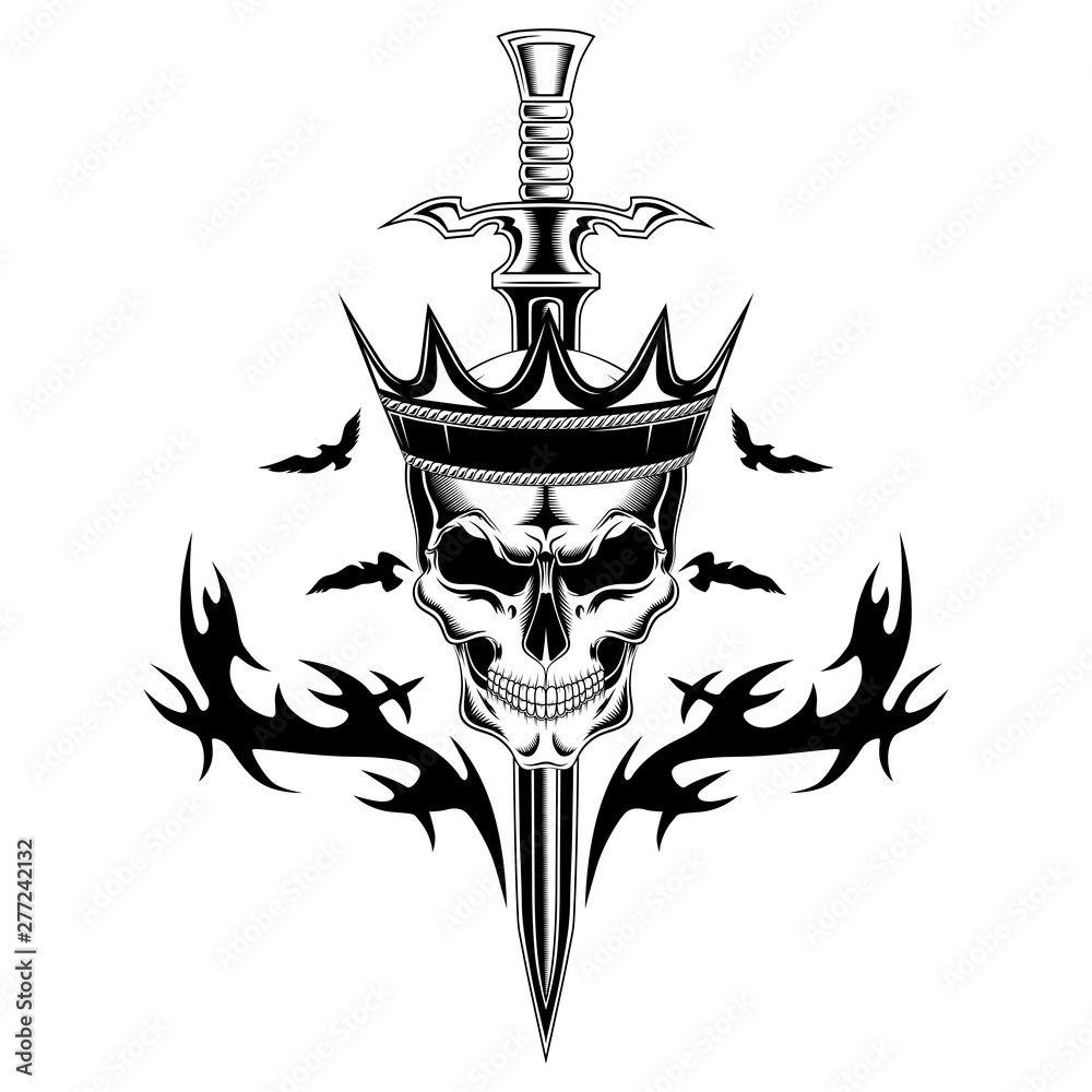 Skull in a crown with a sword, birds, pattern. Black and white vector ...