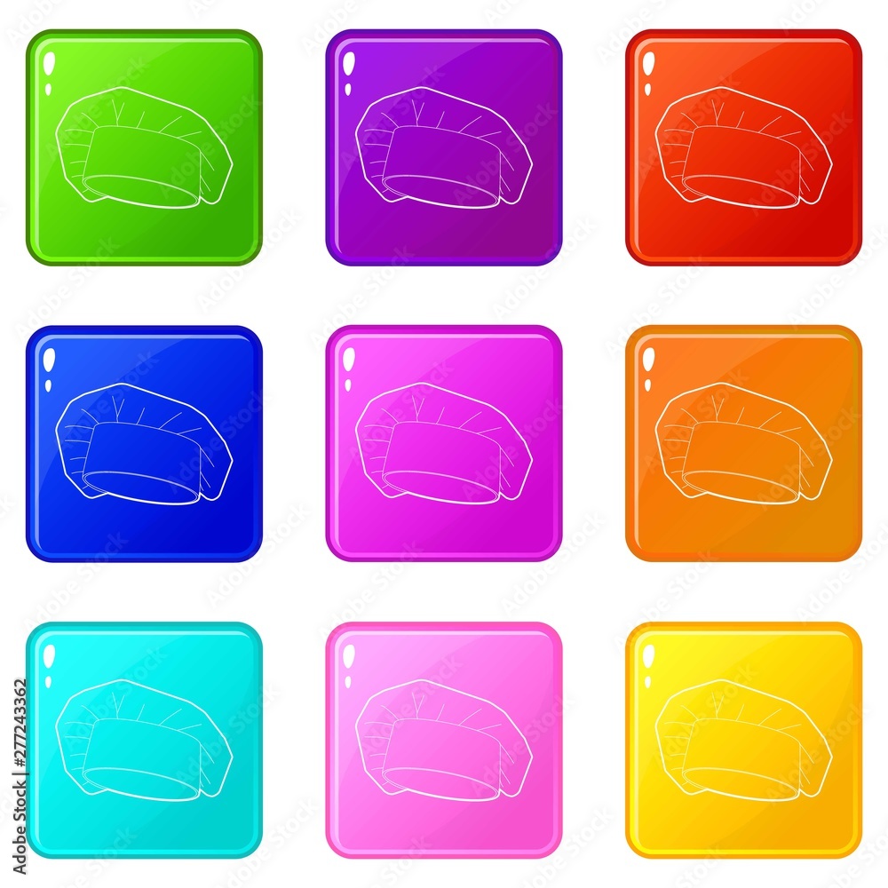Chef cap icons set 9 color collection isolated on white for any design Chef cap icons set 9 color collection isolated on white for any design