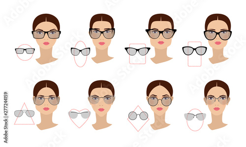 Female glasses shapes in accordance with the shape of the face. Eight Face shapes with options for spectacle frames on a white background. Flat design. Vector illustration