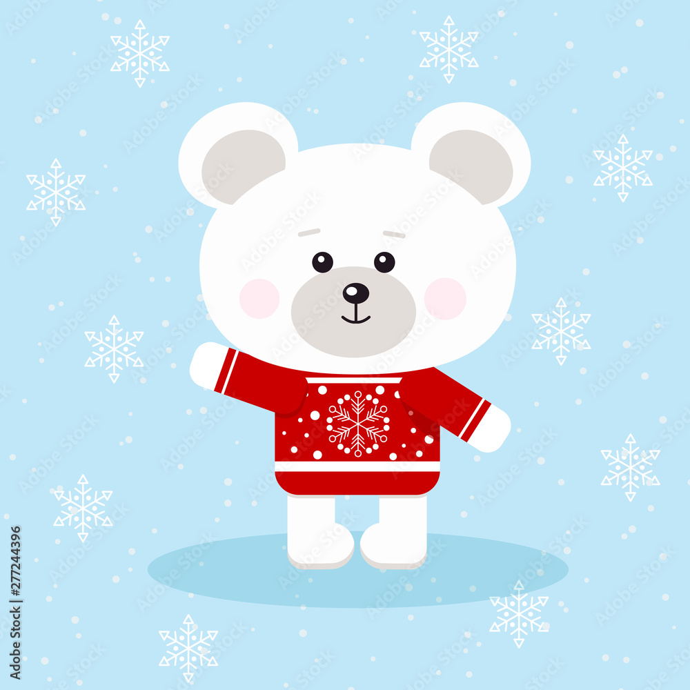 A cute christmas polar bear in red sweater with snowflake in snow background in cartoon flat style.