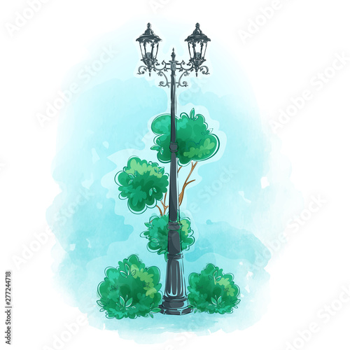 Old wrought iron street lamp. Fragment of a park with a tree and bushes against the blue sky. Watercolor background, hand-drawing. Vector landscape.