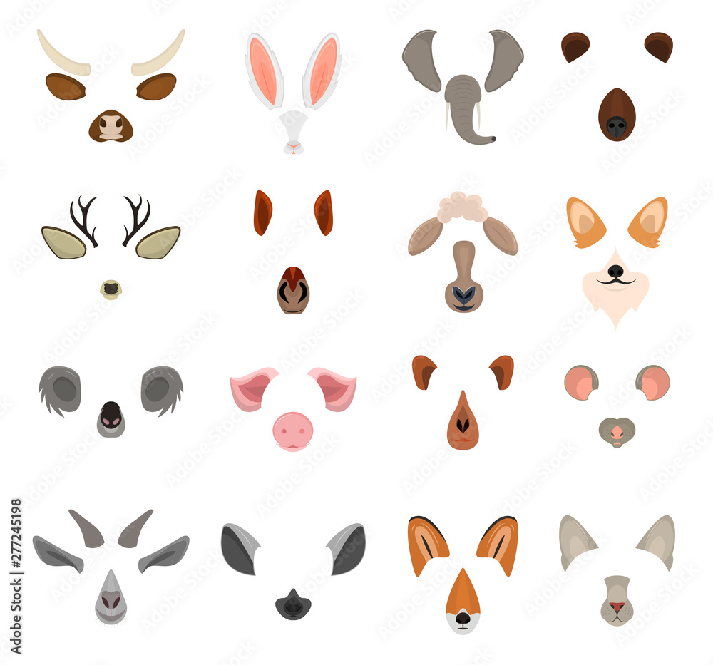 Realistic 3d Detailed Animal Face for Video Chat or Selfie Set. Vector Realistic 3d Detailed Animal Face for Video Chat or Selfie Set. Vector