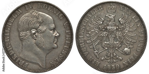 Germany German Prussia Prussian silver coin 1 one thaler 1859, head of King Friedrich Wilhelm IV right, imperial eagle holding scepter and orb, monogram on chest, crown above,