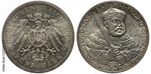 Germany German Saxe-Weimar-Eisenach silver coin 5 five mark 1908, subject 350th Anniversary of University of Jena, eagle with shield on chest, Johan Friedrich the Magnanimous with sword in 3/4 right photo