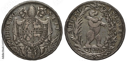 Switzerland Swiss St. Gallen silver coin 1 thaler 1777, Episcopal arms, bear on hinder legs carrying log, sprigs flank,  photo