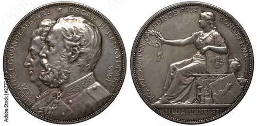 Sweden Swedish silver medal 1885, subject 150th Anniversary of Royal Academy of Arts in Stockholm, conjoined busts of Frederic I of Hessen and Oskar II Bernadotte, female with wreath and art supplies, photo