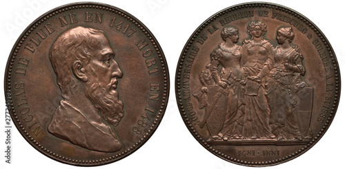 Switzerland Swiss Fribourg medal 1881, subject accession of Fribourg and Solothurn to Switzerland, bus of Saint Nicholas of Flüe right, three allegoric women with swords and shields, dates below,
