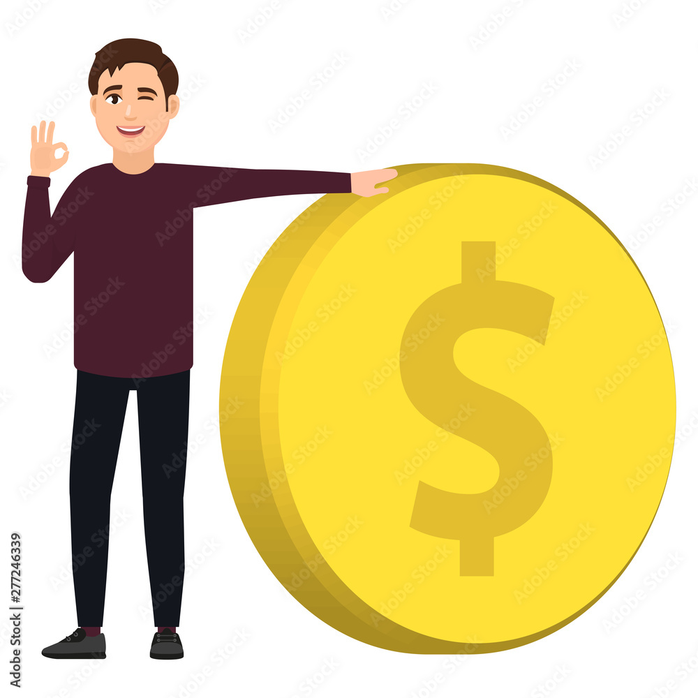 The guy holds a big golden coin and shows a cool gesture, happy man, cartoon character vector illustration The guy holds a big golden coin and shows a cool gesture, happy man, cartoon character vector illustration
