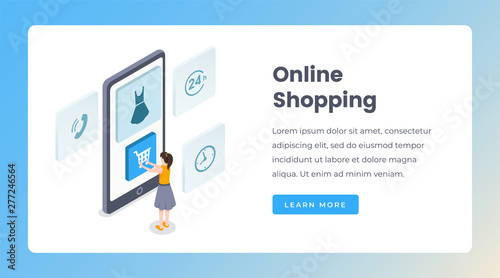 Online shopping isometric landing page vector template. Woman uses smartphone to buy clothes, mobile service for purchases website. Internet store app, young girl making order 3d concept