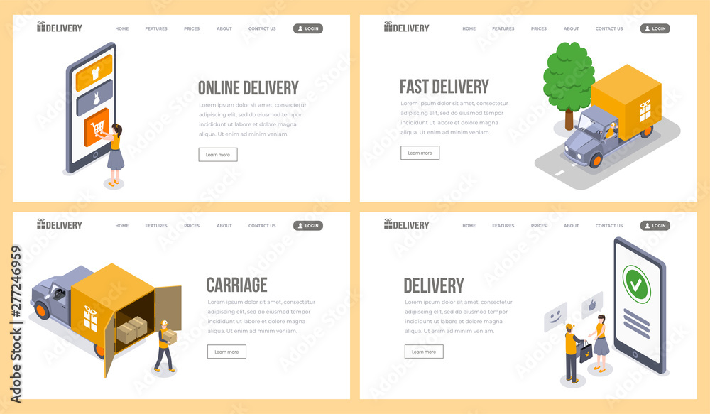 Delivery service isometric landing page vector template set. Online shopping, purchase, e-commerce, packages delivery website. Courier service, goods shipment to consumer 3d concept