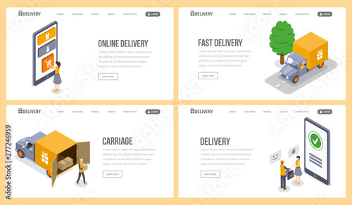 Delivery service isometric landing page vector template set. Online shopping, purchase, e-commerce, packages delivery website. Courier service, goods shipment to consumer 3d concept