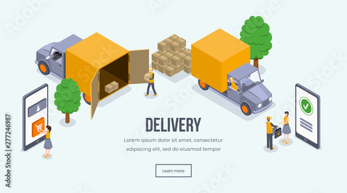 Delivery isometric landing page vector template. Online shopping, delivery, truck loading website layout. Shipping vehicle, courier giving parcel to customer 3d concept