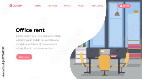 Office rent landing page flat template. Empty workspace interior, corporate workplace with modern furniture web banner design. CEO, private office, meeting room website homepage layout