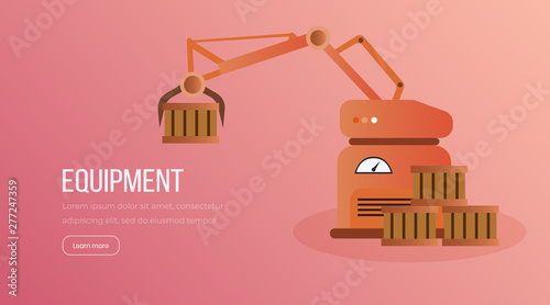 Automated factory equipment vector landing page. Robot hand holding box, robotized instrument moving wooden containers illustration. Automotive manufacturing process color website homepage layout