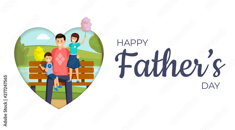 Happy father day vector banner template. Smiling son and daughter sitting on bench in park with daddy cartoon characters. Happy family eating sweet cotton candy flat illustration with typography Happy father day vector banner template. Smiling son and daughter sitting on bench in park with daddy cartoon characters. Happy family eating sweet cotton candy flat illustration with typography
