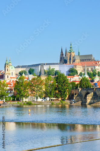 Amazing skyline of Prague, Bohemia, Czech Republic with dominant Prague Castle and part of Charles Bridge. The historical old town is located along Vltava River. Praga, Czechia. European cities