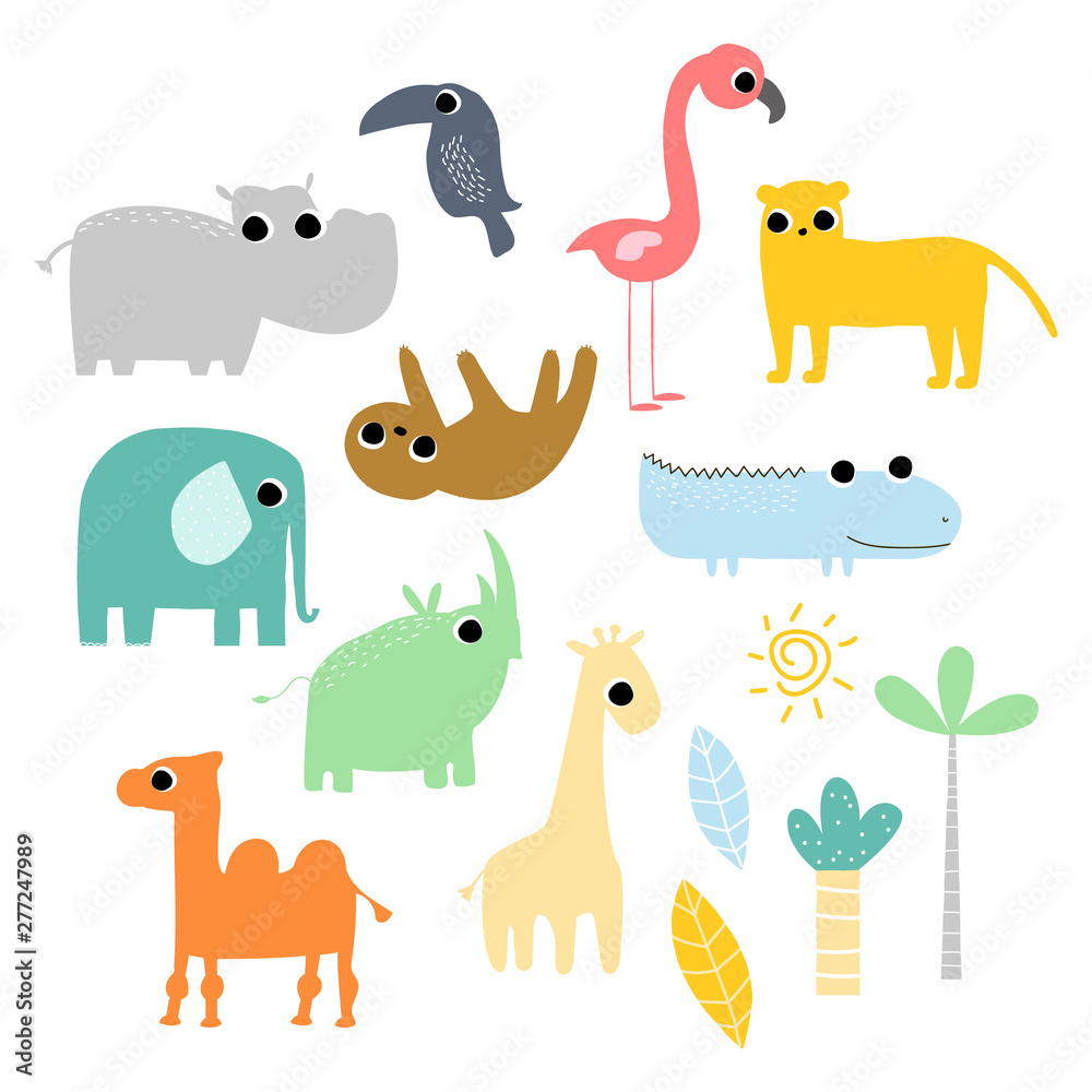 Fototapeta premium Set of jungle animals and birds with fanny faces. Kids cute graphic. Vector hand drawn illustration.