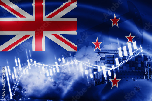 New Zealand flag, stock market, exchange economy and Trade, oil production, container ship in export and import business and logistics.