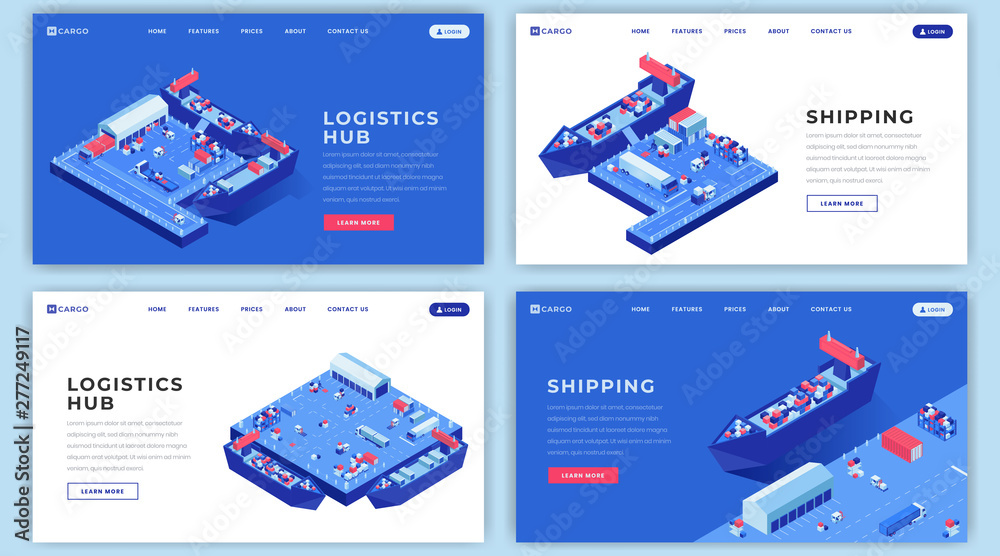 Marine shipments landing page layouts set. Shipping logistics website ...