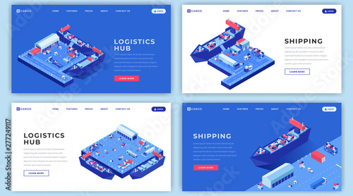 Marine shipments landing page layouts set. Shipping logistics website homepage interface idea with isometric illustrations. Container transportation hub web banner, webpages cartoon concept pack