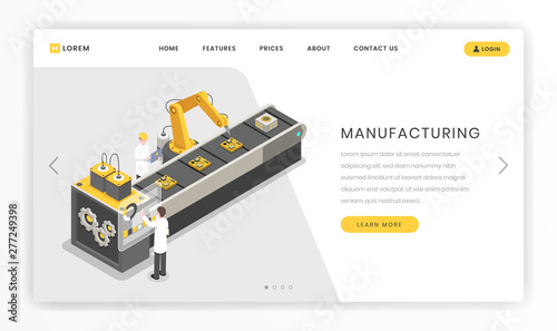 Assembly line, factory landing page template. Production, manufacturing facility engineers and workers vector online webpage illustration. Conveyor belt, autonomous manufacture process website
