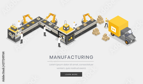 Manufacturing business, company landing page template. Fully automated, autonomous manufacture process, industrialization isometric vector illustration. Assembly and distribution website 3d design