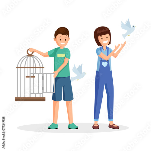 Activists setting birds free flat vector illustration. Cartoon kids, teenagers with open birdcage liberating pigeons. Animal rights activists, volunteers fighting for wild species natural habitat