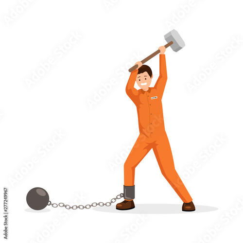 Prisoner breaking shackles flat vector illustration. Man in prison uniform holding huge sledge hammer, trying to break chain with ball. Avoiding responsibility burden, mental pressure metaphor