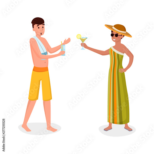 Summer holiday activity flat vector illustration. Happy, smiling tourists, friends on beach vacation isolated cartoon character. Spouse, boyfriend and girlfriend drinking alcohol, cocktails