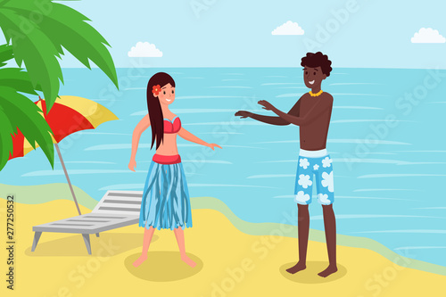 Summertime holiday at luxury tropical resort. Cute couple, girlfriend and boyfriend reaxing on seashore cartoon character illustration. Experiencing foreign culture, traditions flat vector concept