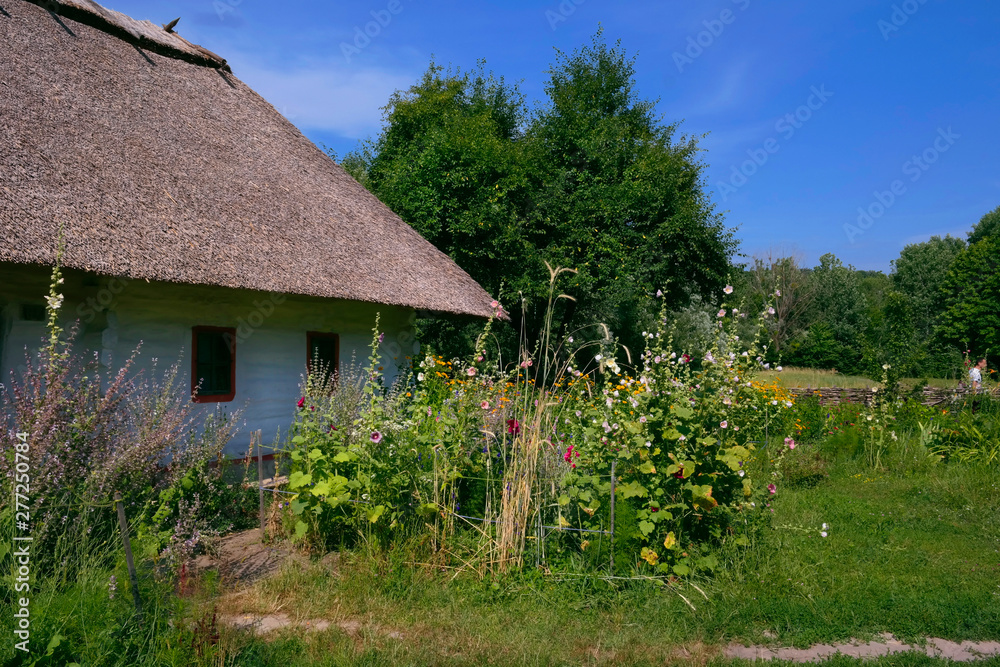 Old Ukrainian house. Ukrainian hut of the nineteenth century. Summer landscape, flowers in front of the house, sunlight. Village Pirogovo. Old Ukrainian house. Ukrainian hut of the nineteenth century. Summer landscape, flowers in front of the house, sunlight. Village Pirogovo.