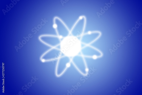 Atom structure model with nucleus and electrons, technological concept of nuclear power. Flat icon illustration on blue background