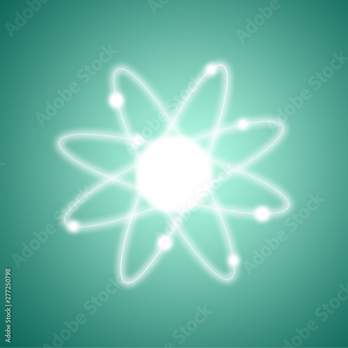 Atom structure model with nucleus and electrons, technological concept of nuclear power. Flat icon illustration on green background