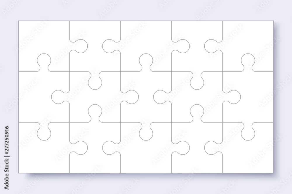 Puzzles grid template. Jigsaw puzzle with pieces, thinking game, jigsaws detail frame for business presentation with shadow. Сoncept of success in solving mosaic. Vector illustration.