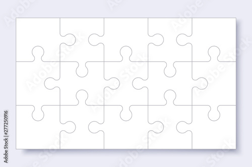 Puzzles grid template. Jigsaw puzzle with pieces, thinking game, jigsaws detail frame for business presentation with shadow. Сoncept of success in solving mosaic. Vector illustration.