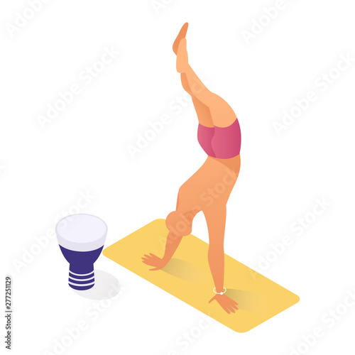 Person working out, yogi on seashore. Healthy lifestyle, keeping fit, in shape, doing yoga outdoors isometric vector illustration. Street performer, acrobat, public entertainment