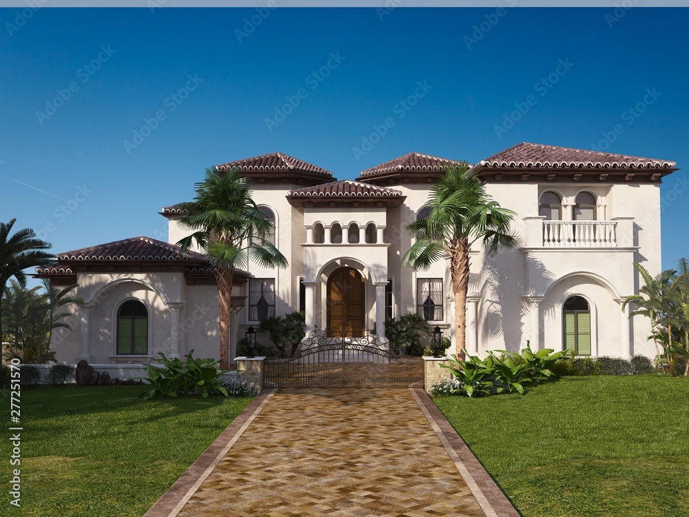 3d render. Private villa exterior with sky view.