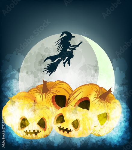 Vector image with flying on a broomstick witch and pumpkins . From a series of illustrations for Halloween