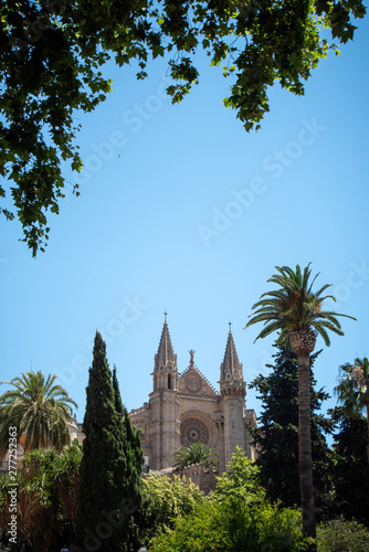 Majorca 2019: Cathedral La Seu of Palma de Mallorca on a sunny summer day with blue sky. Image composition with trees in the foreground