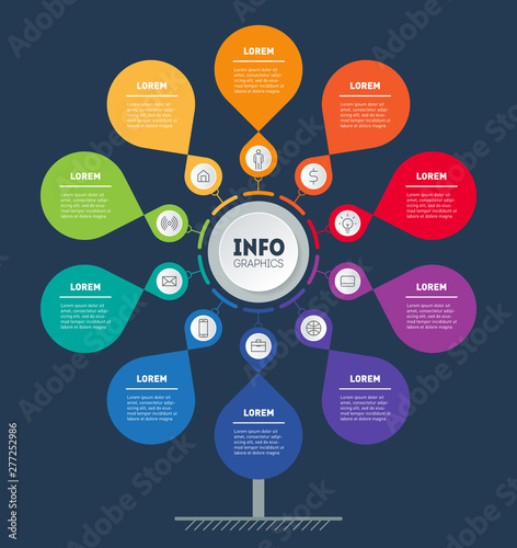 Business presentation or infographics concept with 10 options or points. Template of tree, chart or diagram. Info graphic of technology or education process with ten steps.