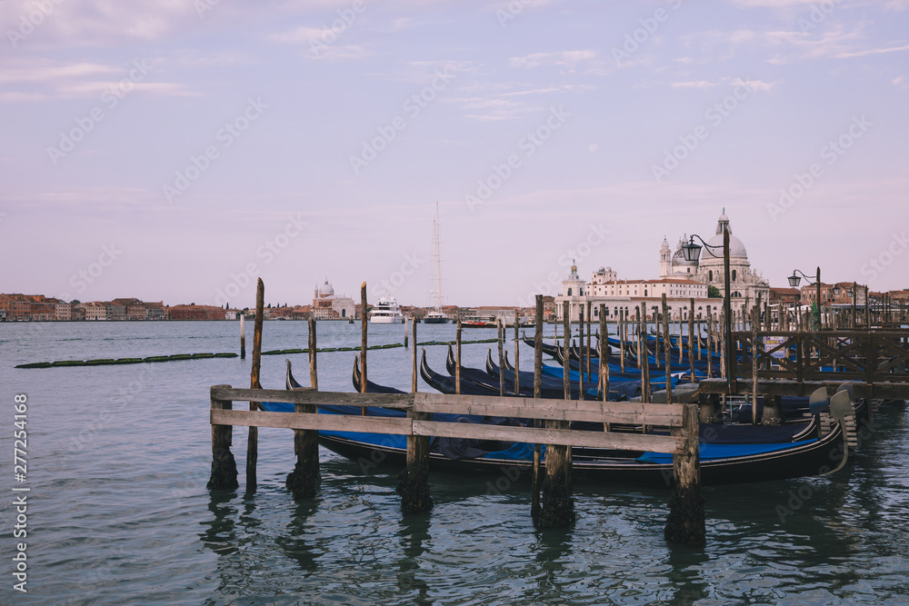 Panoramic view of Laguna Veneta coast of Venice city with gondolas Panoramic view of Laguna Veneta coast of Venice city with gondolas