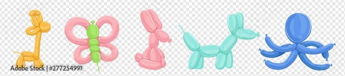 Balloons animals vector isolated on transparent background. Illustration of birthday balloon, animal butterfly and giraffe, multicolored inflatable dog and octopus