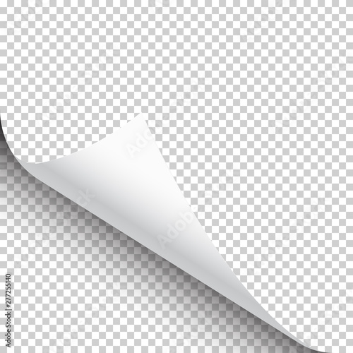 Curled page corner with shadow on transparent background. Blank sheet of paper. Vector illustration.