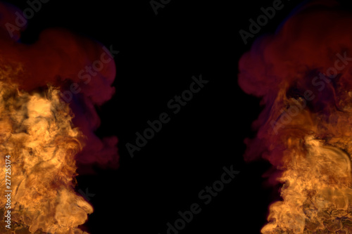 Flame from both the bottom corners - fire 3D illustration of melting explosion  frame with dark smoke isolated on black background