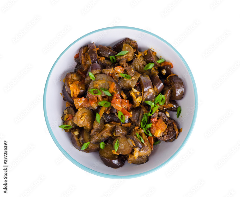 Bowl of fried eggplants isolated on white. Bowl of fried eggplants isolated on white.